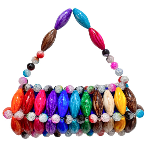 Close up of handmade beaded bag in candy - brown, blue, purple, pink, red, orange, green, beige, yellow beads