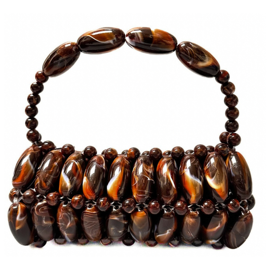 Close up of handmade beaded bag in coffee, part of the tortoise shell marble collection - orange and dark brown, coffee tones