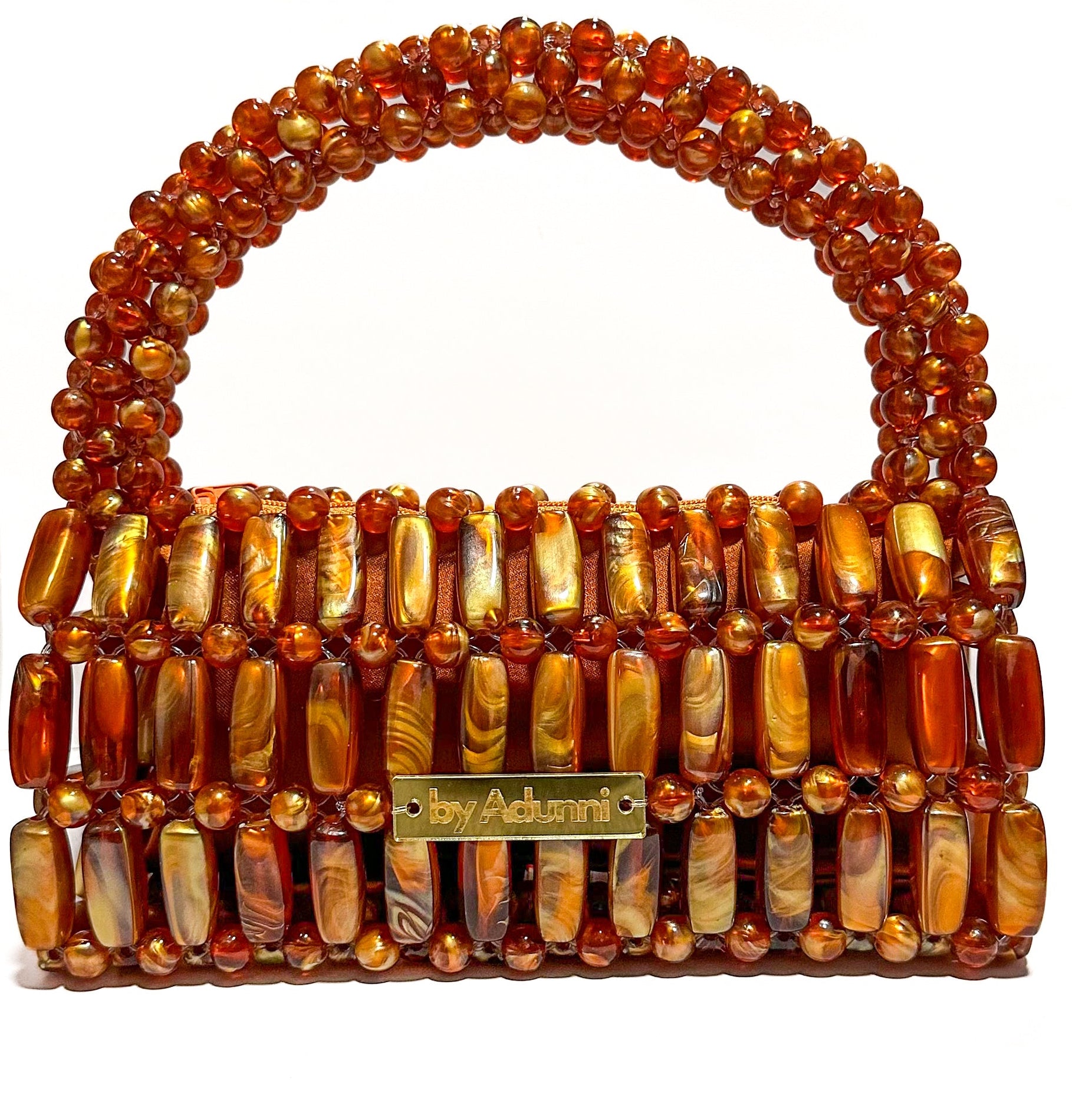 Handmade beaded bag in Madagascar XL, orange and brown tortoiseshell marble tones