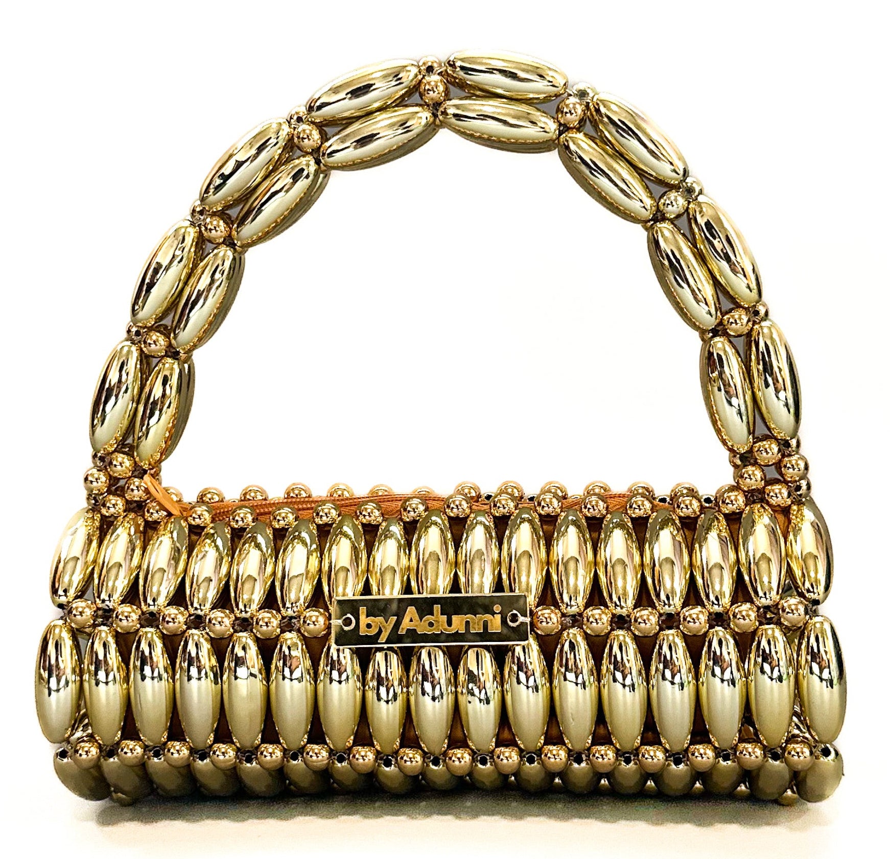 Close up of 24K Barrel gold handmade beaded bag
