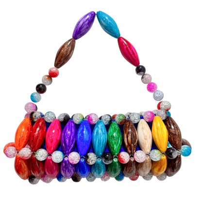 Close up of handmade beaded bag in candy - brown, blue, purple, pink, red, orange, green, beige, yellow beads