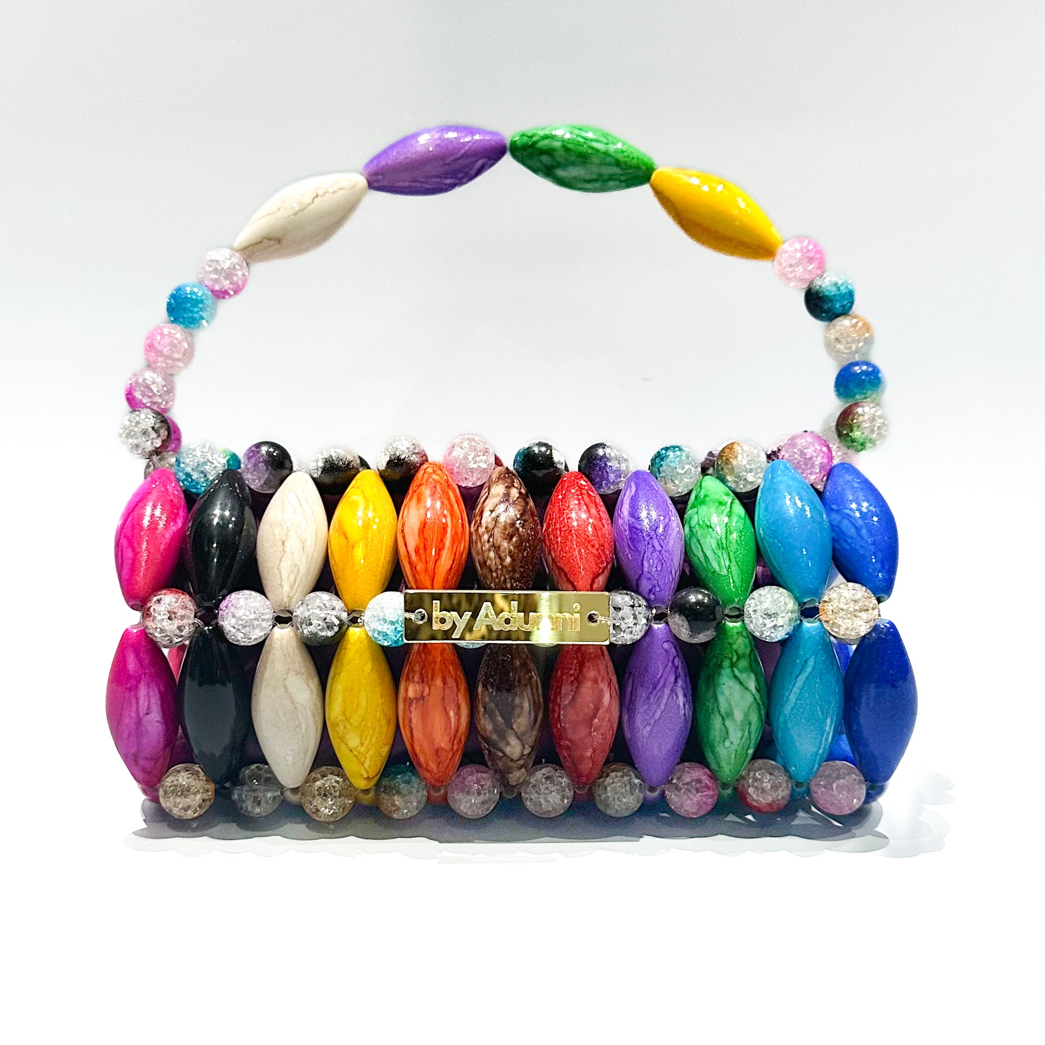 Colorful beaded handbag with a visible brand logo on a white background