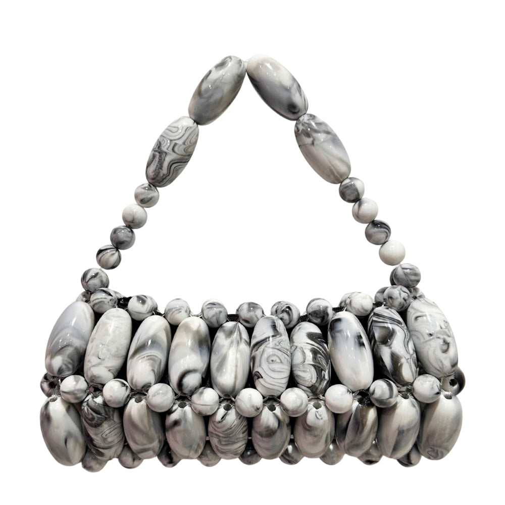 Black and white marble beaded bag on white background