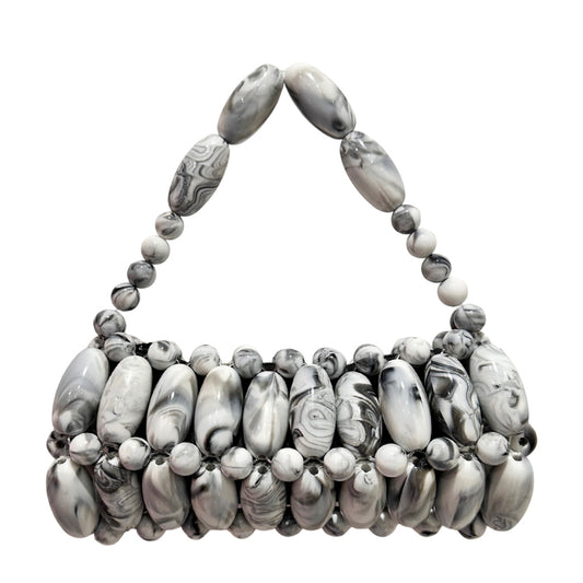 Black and white marble beaded bag on white background