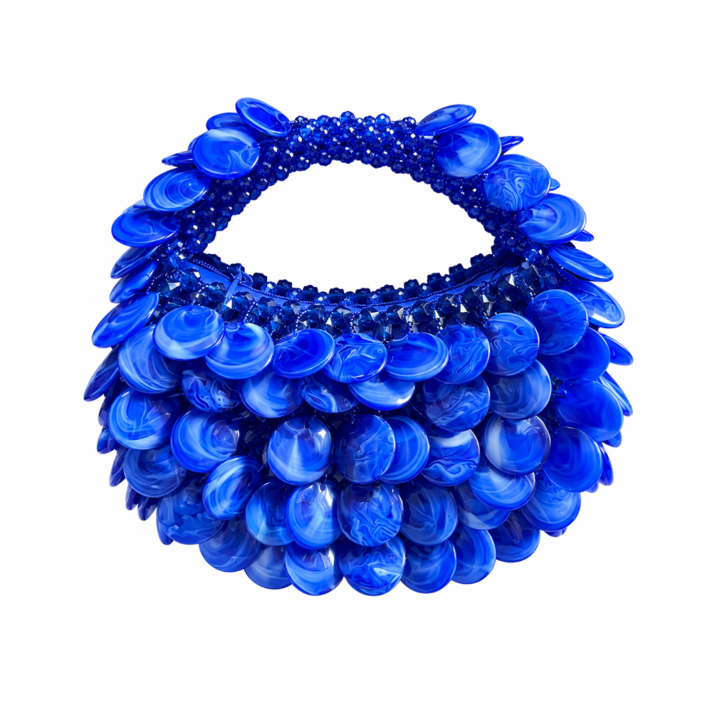 Electric Blue Moon beaded bag with layered marbled blue discs