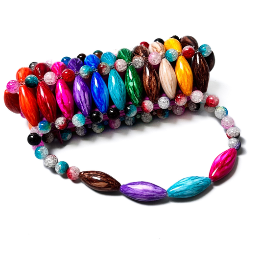 Close up of handmade beaded bag in candy - brown, blue, purple, pink, red, orange, green, beige, yellow beads