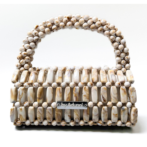 Handmade beaded bag in Cream Marble XL, cream white and brown marble tones