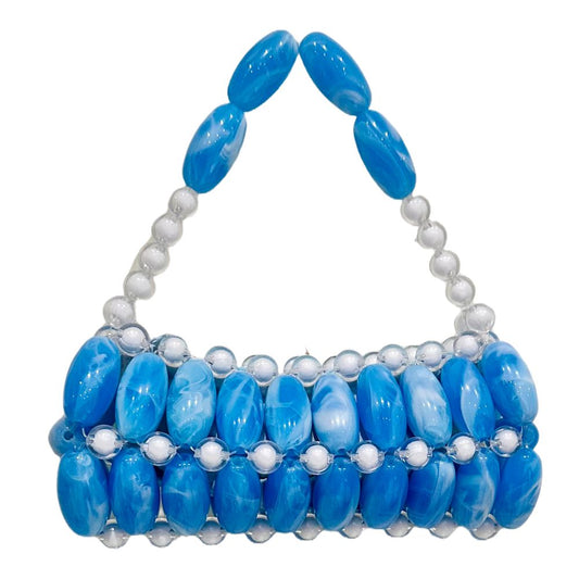 blue beaded bag with white
