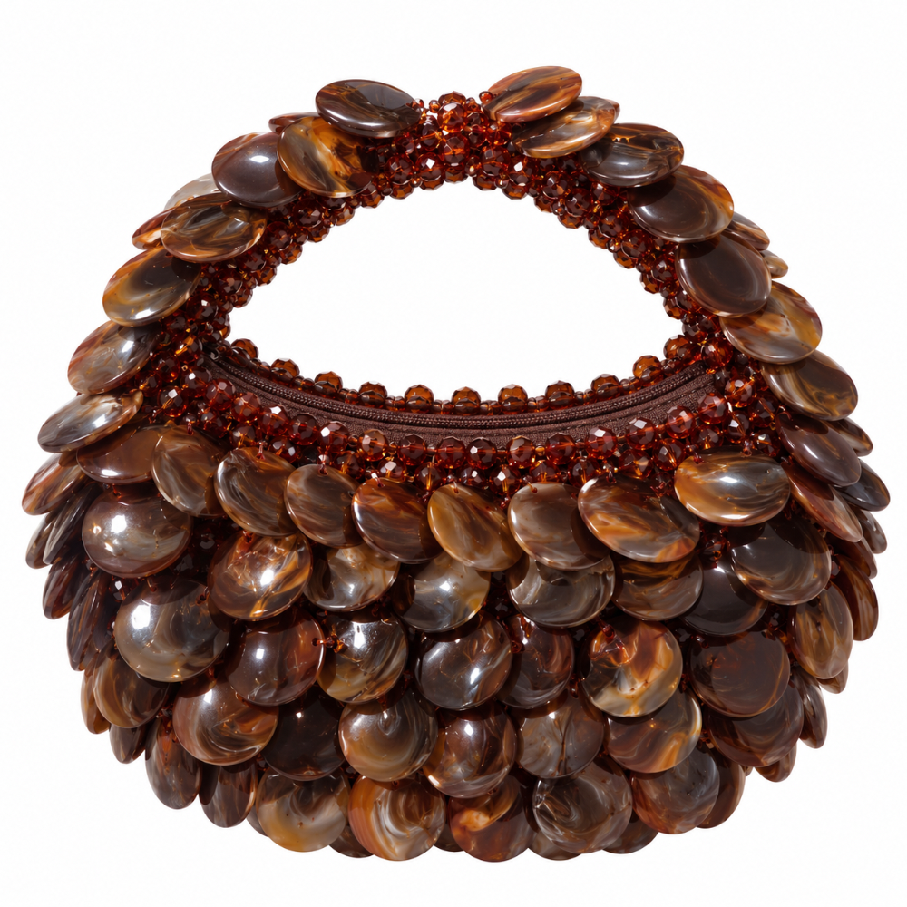 Coffee Moon beaded bag with layered marbled discs in brown, terracotta and white