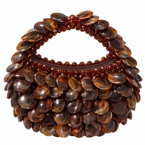 Coffee Moon beaded bag with layered marbled discs in brown, terracotta and white