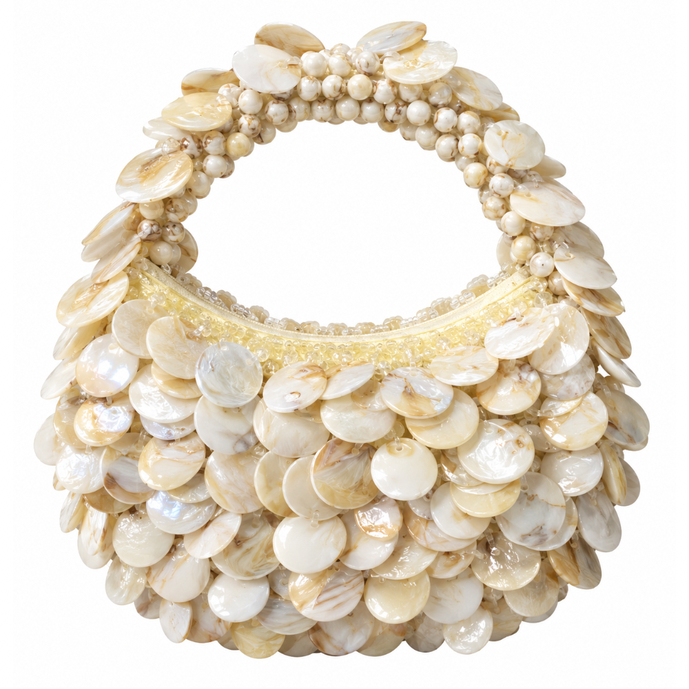 Cream Marble Moon beaded bag with layered marbled discs in cream, white and brown