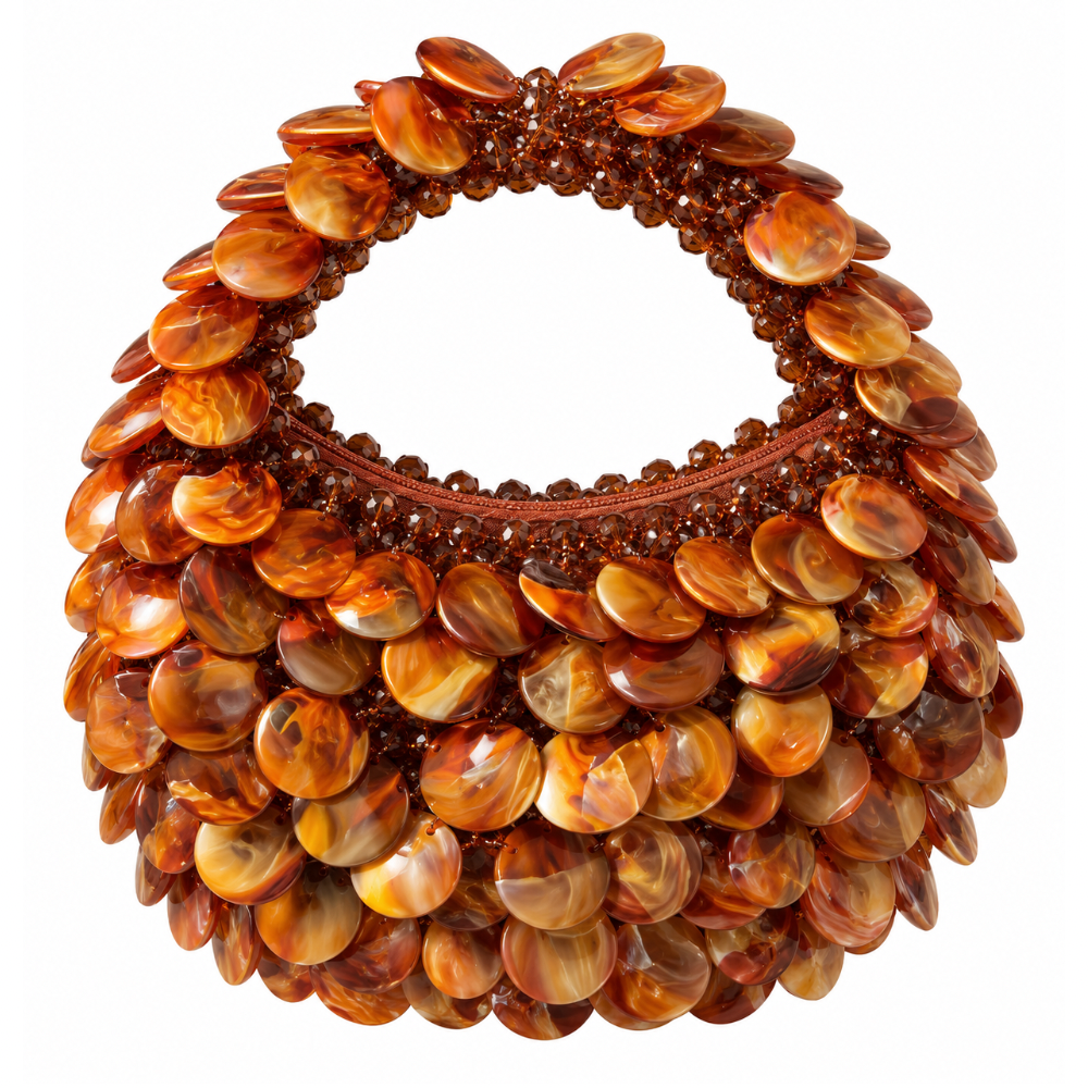 Madagascar Moon beaded bag with layered marbled discs in brown and orange